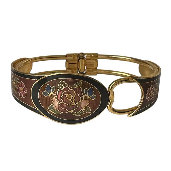 80s Gold Plate Multicolor Cloisonné Enamel Butterfly Floral Motif Hinge Bracelet - Picture 7 of 7